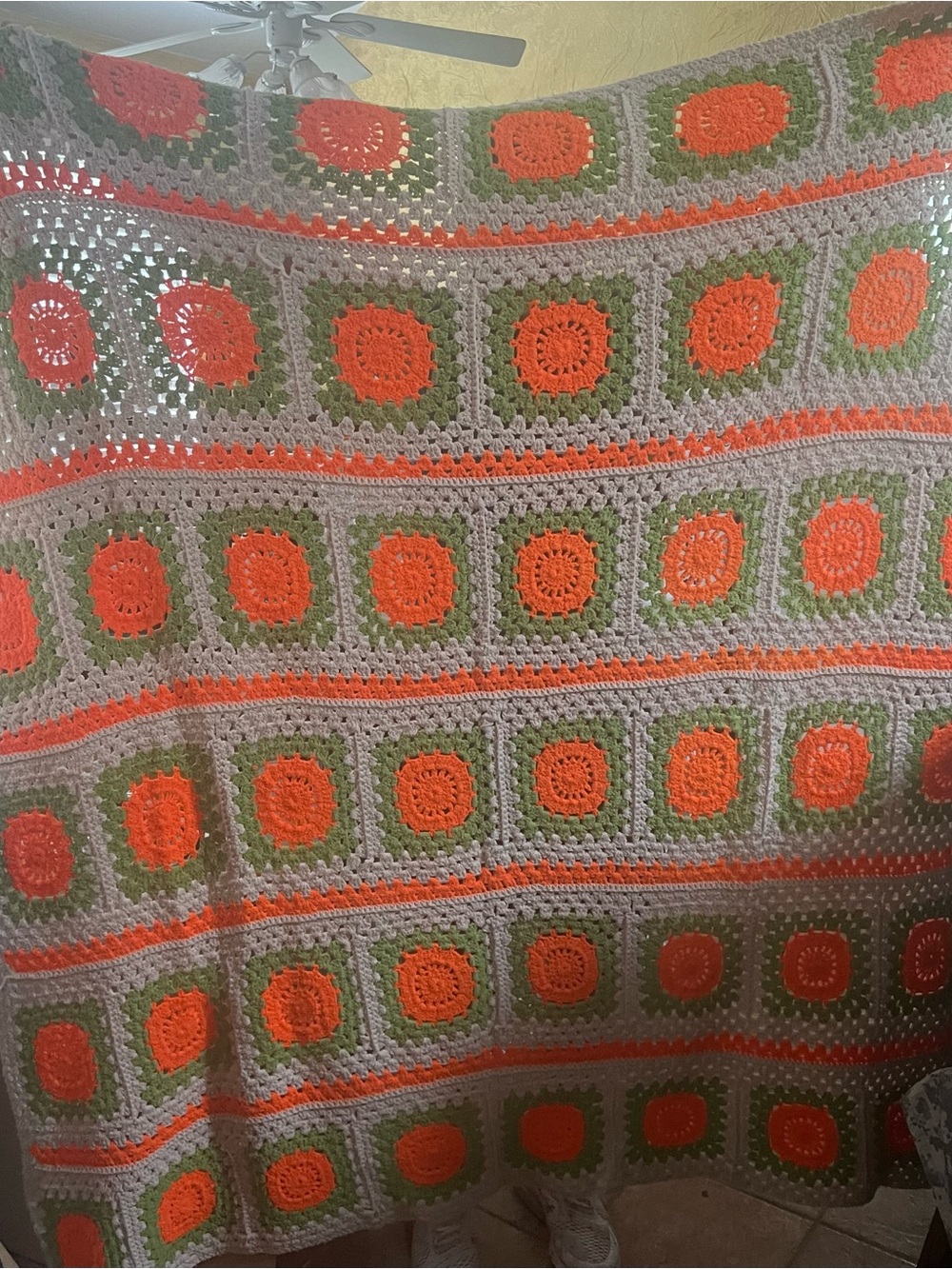 VTG Handmade Crochet Blanket in Orange & Green Squares